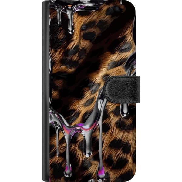 Kompatibel Tegnebogsetui til OnePlus 15 Leopardmotiv i brunt og sort kombineret med dekorative sølvfarvede dråbeformer