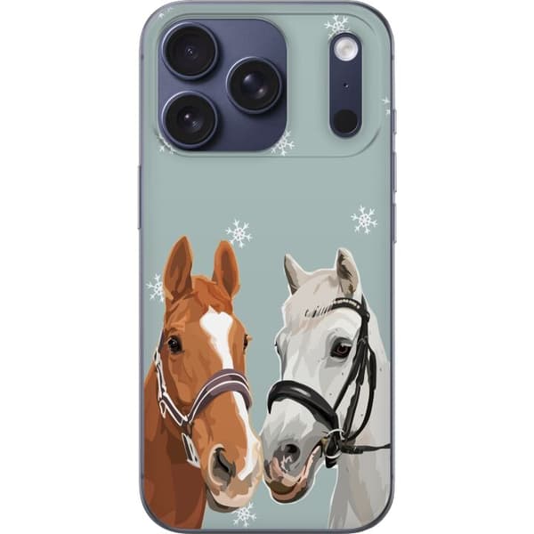 Kompatibelt Mobildeksel til Apple iPhone 18 Pro Brun og hvit hest sammen med dekorative snøfnugg