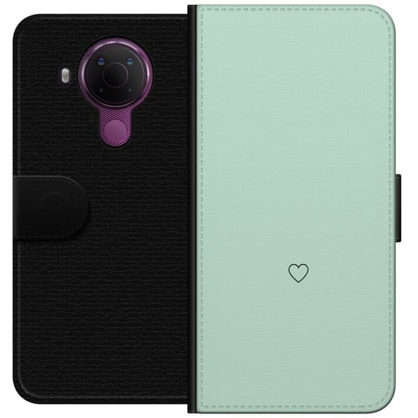 Kompatibel Tegnebogsetui til Nokia 5.4 Enkel sort hjertekontur centreret mod mintgrøn baggrund