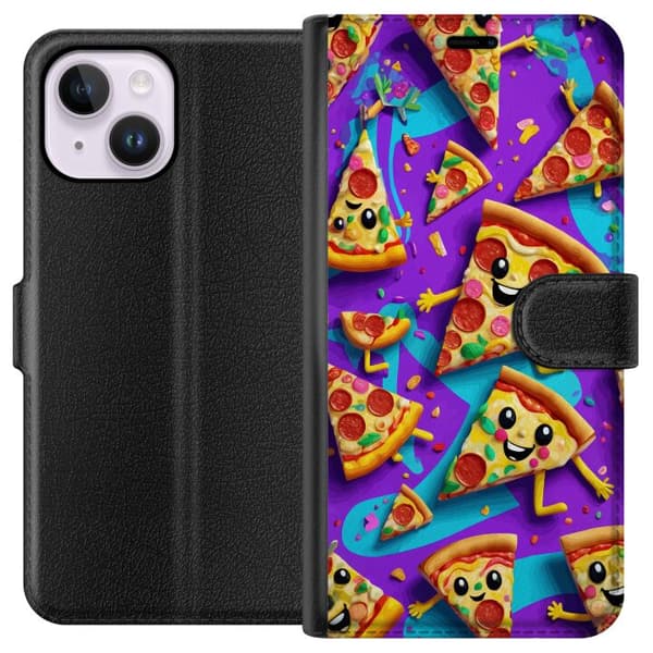 Kompatibel Tegnebogsetui til Apple iPhone 14 Plus Lystigt pizzadesign med tegnede figurer
