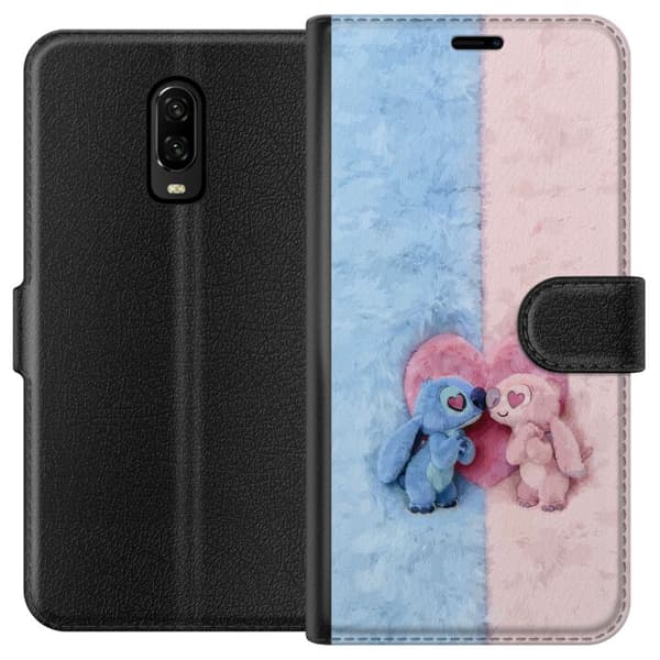 Kompatibel Tegnebogsetui til OnePlus 6T Søde blå og lyserøde figurer foran et stort lyserødt hjerte