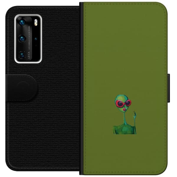Kompatibel Tegnebogsetui til Huawei P40 Pro Minimalistisk grøn alien med røde solbriller og lyserøde læber mod olivengrøn