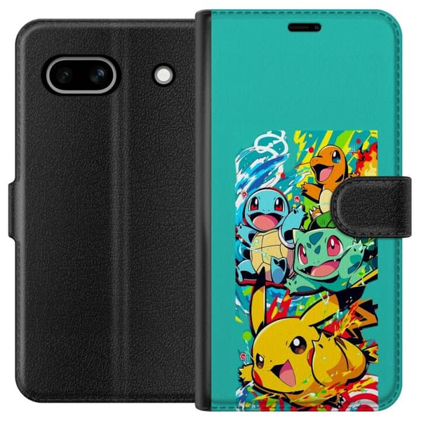 Kompatibel Tegnebogsetui til Google Pixel 7a Actionfyldt collage med klassiske Pokémon
