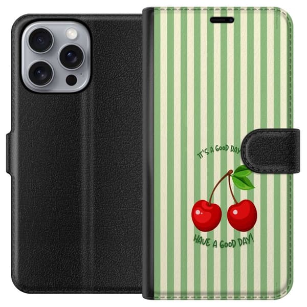 Kompatibel Tegnebogsetui til Apple iPhone 16 Pro Max Sødt kirsebærmotiv med hjerteformet design