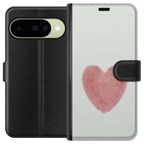 Kompatibel Tegnebogsetui til Google Pixel 10 Minimalistisk rødt fingeraftryk i hjerteform mod lys baggrund