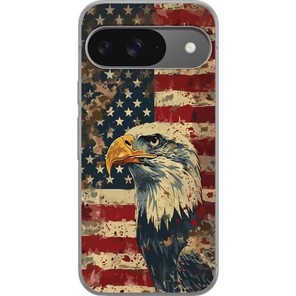 Kompatibelt Mobildeksel til Google Pixel 9 Hvithodehavørn med amerikansk flagg i retroinspirert design
