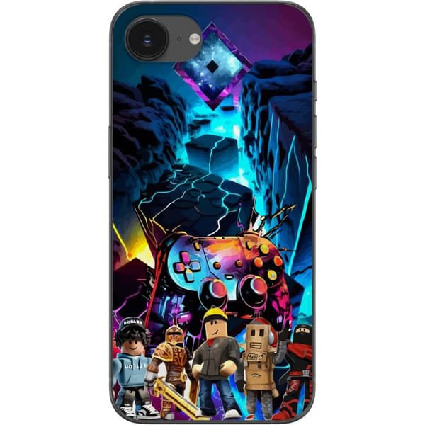 Kompatibelt Mobildeksel til Apple iPhone 16e Roblox-spillfigurer foran neonfarget spillkontroller