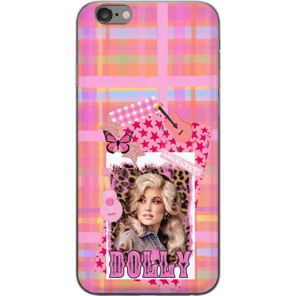 Kompatibelt Mobildeksel til Apple iPhone 6 Plus Dolly Parton-portrett i rosa collage med gitarer, sommerfugl, stjerner og leopardmønster