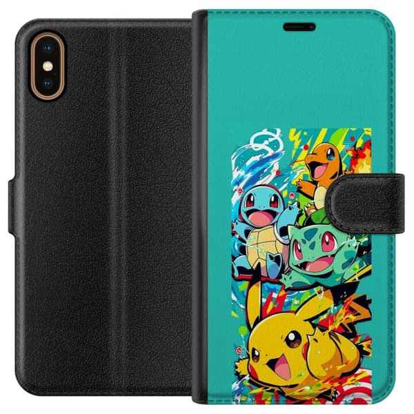 Kompatibel Tegnebogsetui til Apple iPhone X Actionfyldt collage med klassiske Pokémon