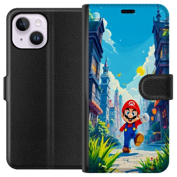 Kompatibel Tegnebogsetui til Apple iPhone 14 Plus Ikonske spilmotiv med Super Mario
