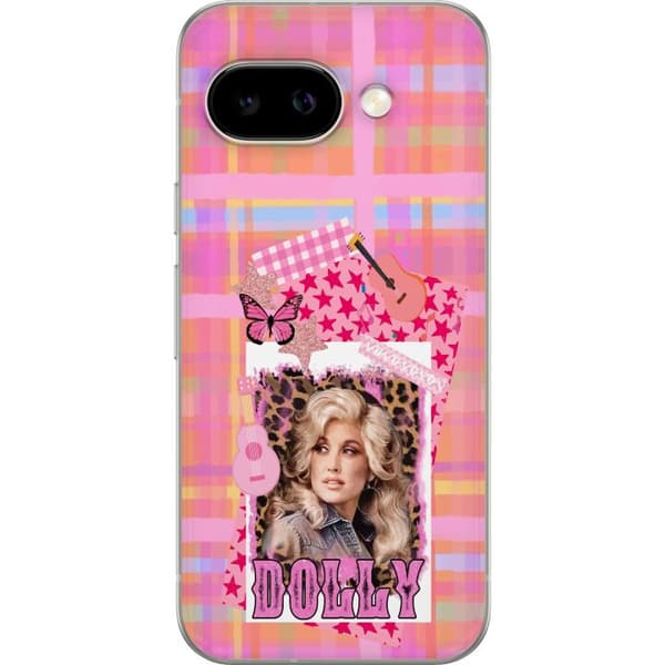 Kompatibelt Mobildeksel til Google Pixel 9a Dolly Parton-portrett i rosa collage med gitarer, sommerfugl, stjerner og leopardmønster