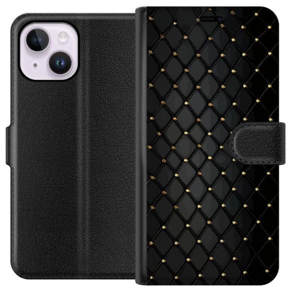 Kompatibelt Plånboksfodral till Apple iPhone 14 Plus Elegant svart diamantmönster med guldfärgade linjer och detaljer