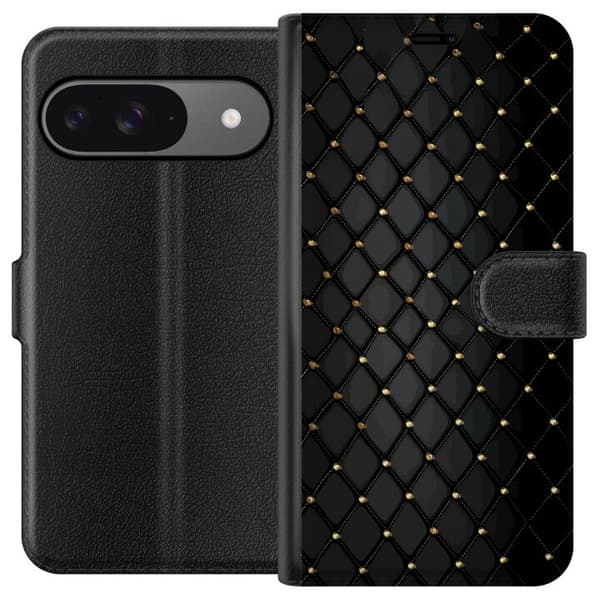 Kompatibel Tegnebogsetui til Google Pixel 9 Pro Elegant sort diamantmønster med guldfarvede linjer og detaljer