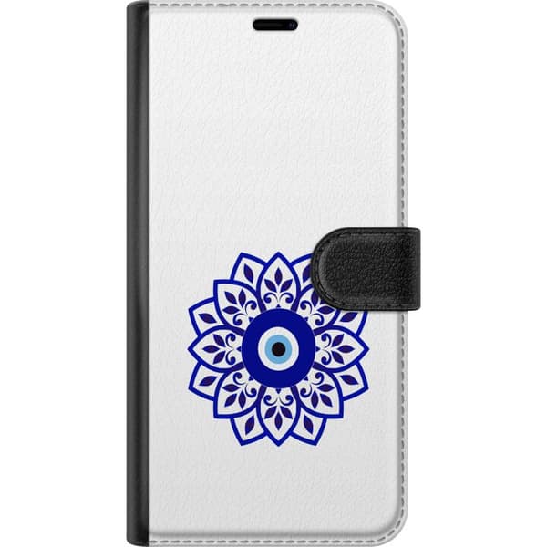 Kompatibel Tegnebogsetui til Samsung Galaxy A37 Mandala med blåt ondets øje på hvid baggrund