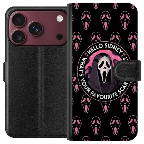 Kompatibel Tegnebogsetui til Apple iPhone 18 Pro Sort baggrund med lyserøde skrækmasker, central maskeret figur og teksten Hello Sidney