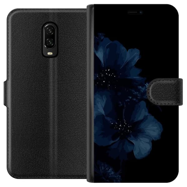 Kompatibelt Lommeboketui til OnePlus 6T Mörkblå blommor