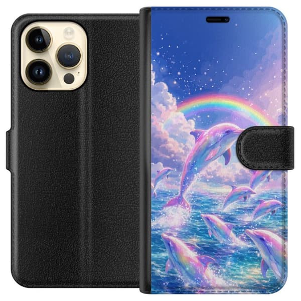 Kompatibel Tegnebogsetui til Apple iPhone 15 Pro Max Glittrande regnbågsdelfiner