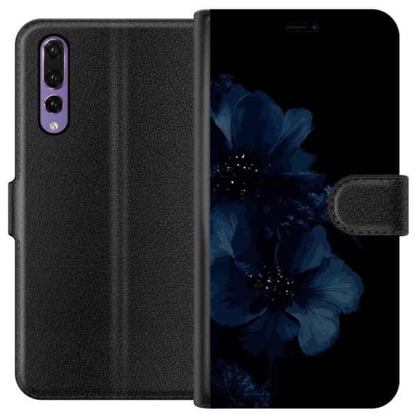 Kompatibel Tegnebogsetui til Huawei P20 Pro Mörkblå blommor