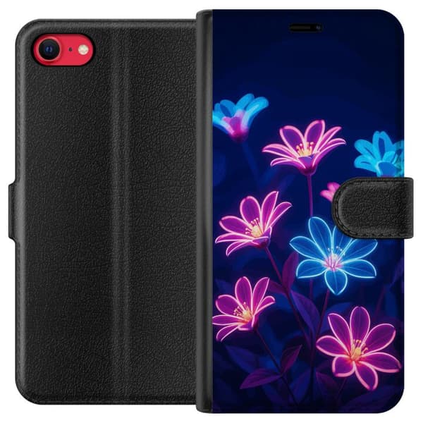 Kompatibel Tegnebogsetui til Apple iPhone 7 Blomstermotiv med neonlignende lyserøde og blå blomster mod mørkeblå baggrund