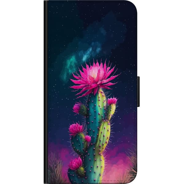 Kompatibel Tegnebogsetui til OnePlus 7T Blomstrende kaktus med lyserøde blomster mod en mørk stjernehimmel