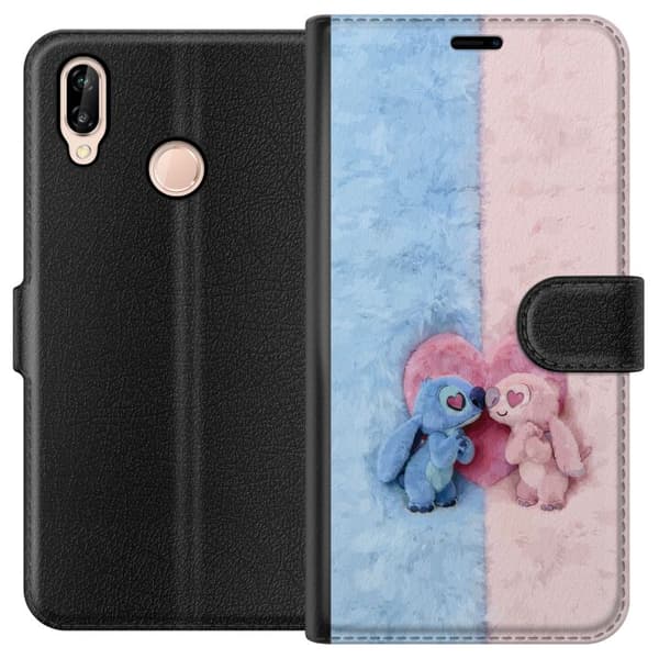 Kompatibel Tegnebogsetui til Huawei P20 lite Søde blå og lyserøde figurer foran et stort lyserødt hjerte