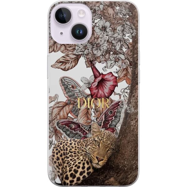 Kompatibelt Mobildeksel til Apple iPhone 15 Leopard med blommor och fjärilar