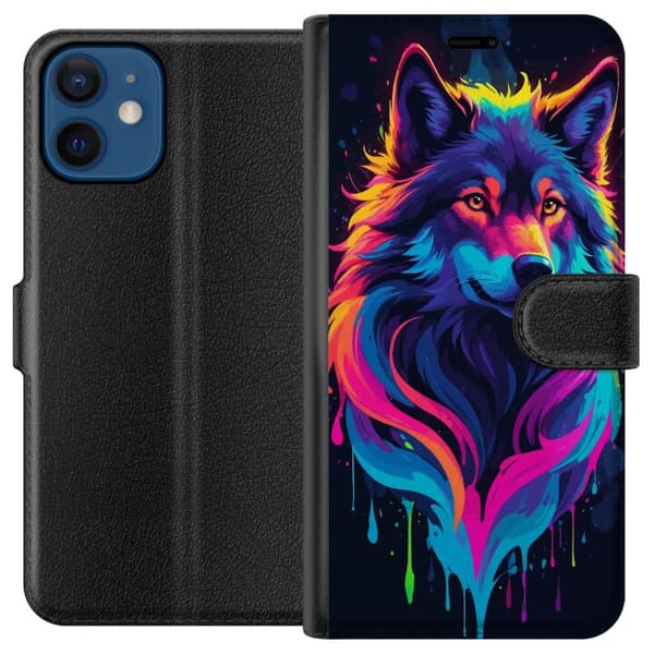 Kompatibel Tegnebogsetui til Apple iPhone 12 mini Regnbueulvekunst i farverig Neon Splash-stil