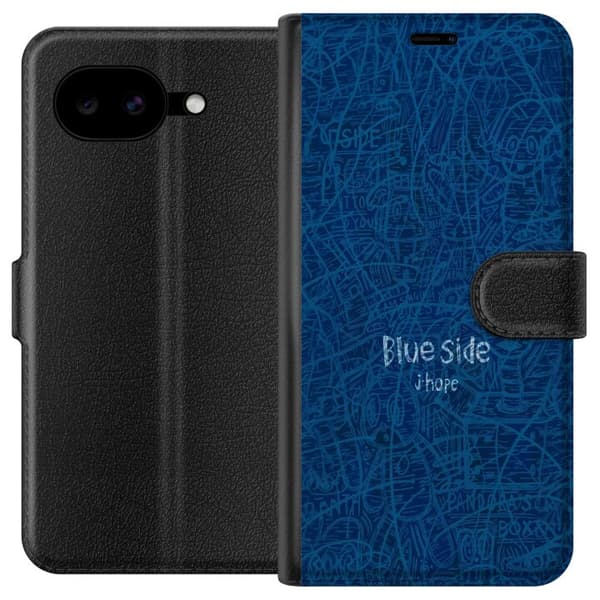 Kompatibel Tegnebogsetui til Google Pixel 10a Blå baggrund med Blue Side-tekst og abstrakte håndtegnede illustrationer