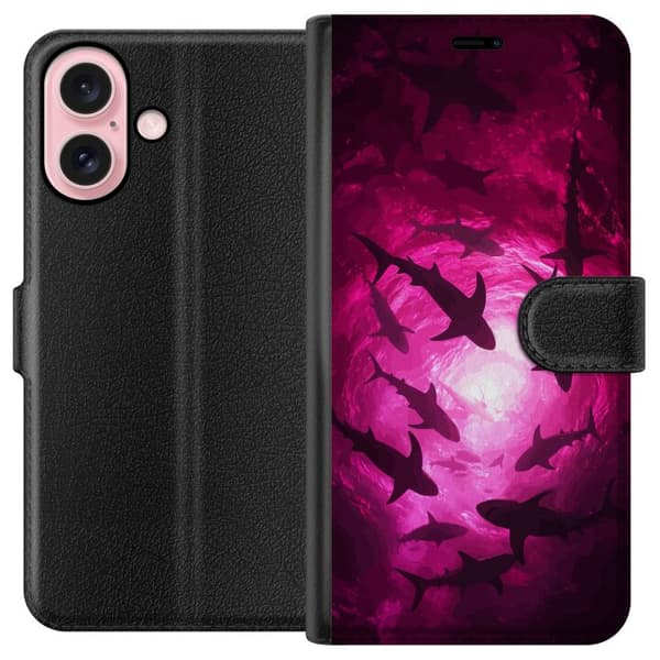 Kompatibelt Plånboksfodral till Apple iPhone 16 Hajar i dramatiskt rosa undervattenslandskap