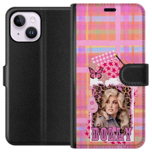 Kompatibel Tegnebogsetui til Apple iPhone 14 Plus Dolly Parton rosa countrycollage med gitarr