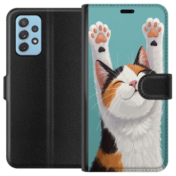 Kompatibelt Lommeboketui til Samsung Galaxy A72 5G Glad trefärgad katt
