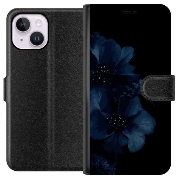 Kompatibelt Lommeboketui til Apple iPhone 15 Plus Mörkblå blommor