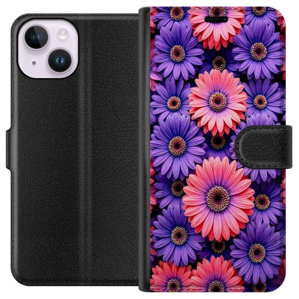 Kompatibel Tegnebogsetui til Apple iPhone 14 Lila och rosa blommor