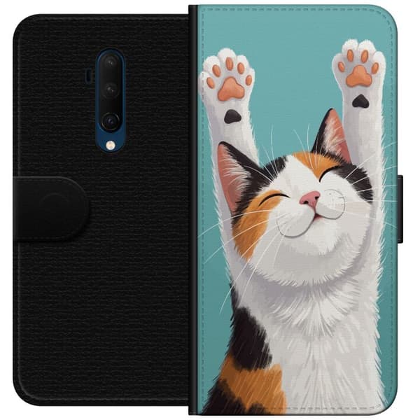 Kompatibelt Plånboksfodral till OnePlus 7T Pro Glad trefärgad katt