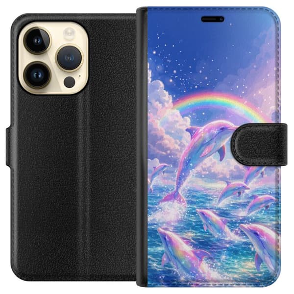 Kompatibel Tegnebogsetui til Apple iPhone 15 Pro Glittrande regnbågsdelfiner