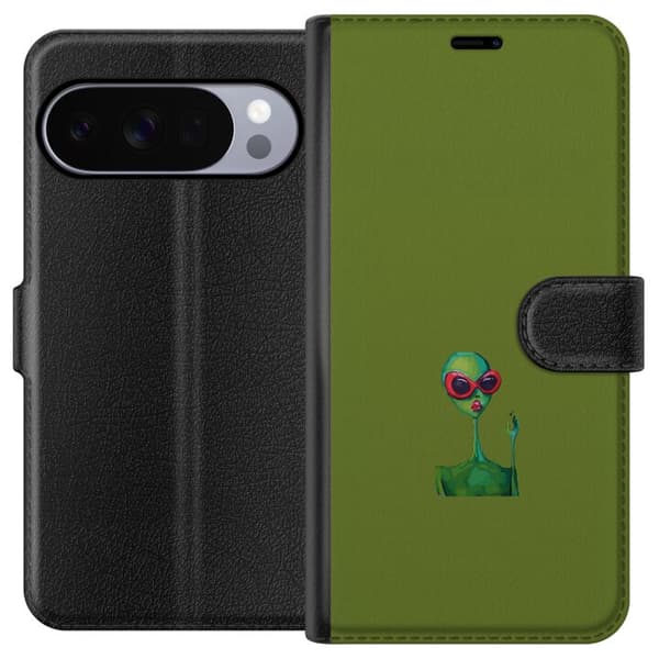 Kompatibel Tegnebogsetui til Google Pixel 10 Pro Minimalistisk grøn alien med røde solbriller og lyserøde læber mod olivengrøn