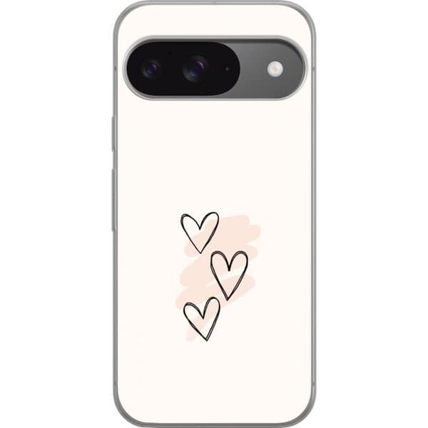 Kompatibelt Mobildeksel til Google Pixel 9 Pro Håndtegnede hjerter med diskrete rosa penselstrøk på lys beige bakgrunn