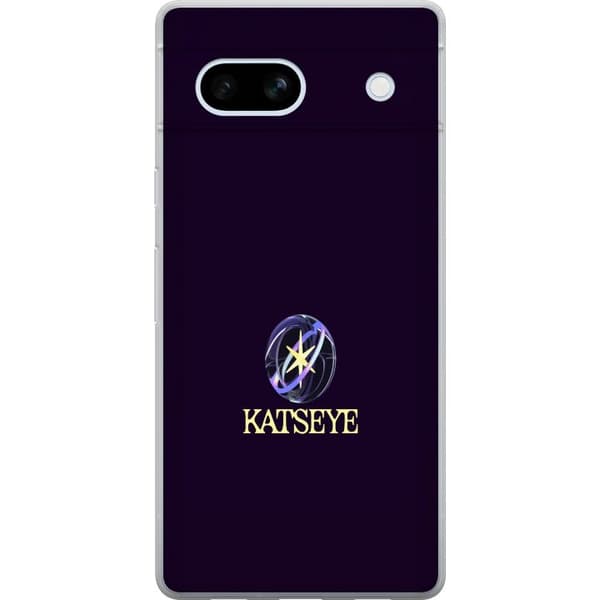 Kompatibelt Mobildeksel til Google Pixel 7a Stjernesymbol med sirkulerende ringer og teksten KATSEYE på mørkelilla bakgrunn