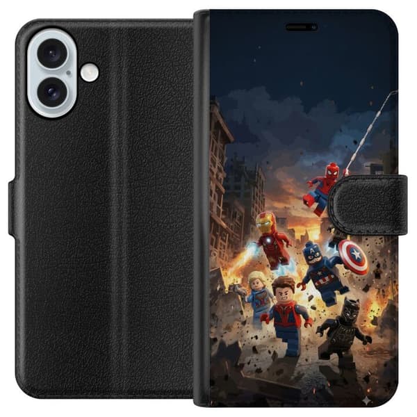 Kompatibel Tegnebogsetui til Apple iPhone 16 Plus Actionfyldt LEGO Marvel-motiv til superheltfans