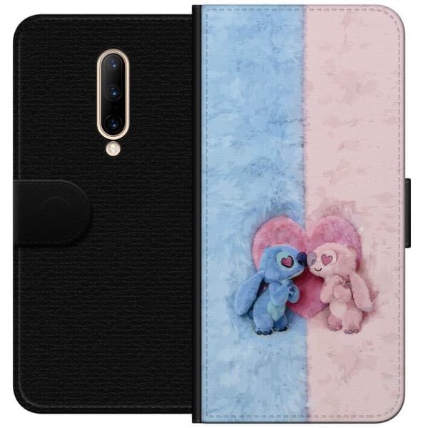 Kompatibel Tegnebogsetui til OnePlus 7 Pro Søde blå og lyserøde figurer foran et stort lyserødt hjerte