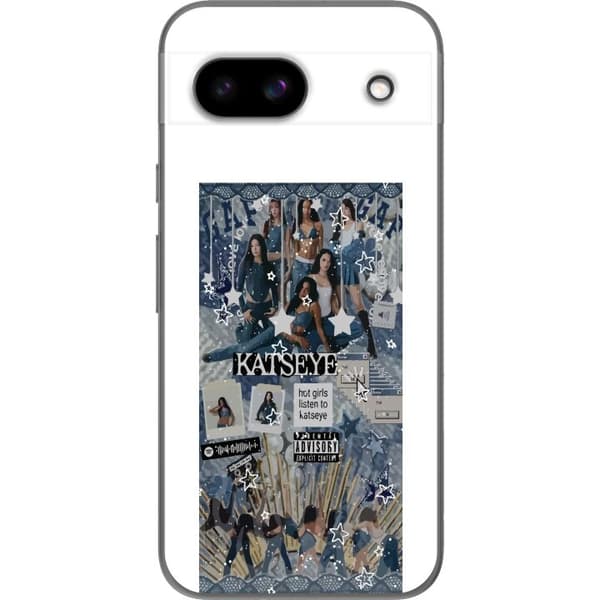Kompatibelt Mobildeksel til Google Pixel 8a KATSEYE i blått collage med gruppeportrett, stjerner, typografi og dekorative grafiske elementer