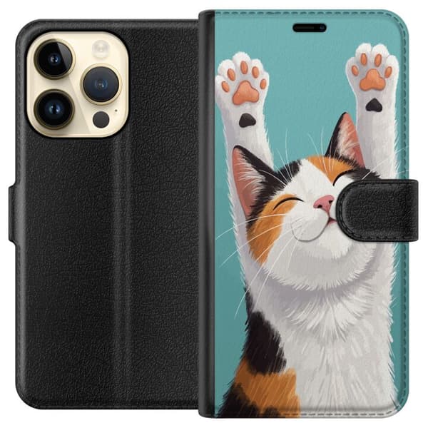 Kompatibelt Plånboksfodral till Apple iPhone 14 Pro Glad trefärgad katt