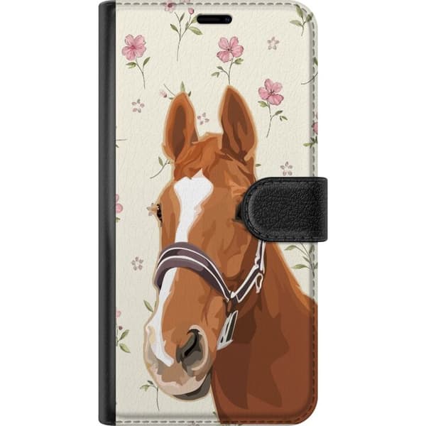 Kompatibel Tegnebogsetui til Apple iPhone 14 Pro Max Brun hest med hvid blis blandt romantiske lyserøde blomster