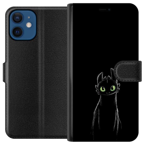 Kompatibel Tegnebogsetui til Apple iPhone 12 mini Sort drage med lysende grønne øjne på mørk baggrund