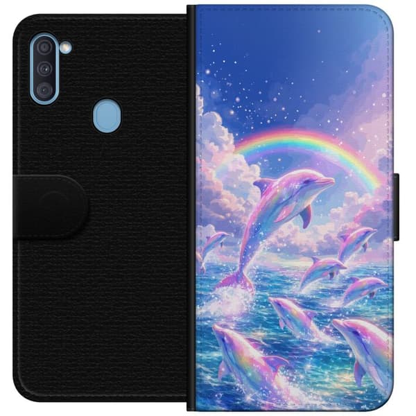 Kompatibel Tegnebogsetui til Samsung Galaxy A11 Glittrande regnbågsdelfiner