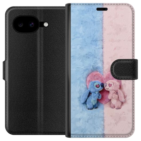 Kompatibel Tegnebogsetui til Google Pixel 10a Søde blå og lyserøde figurer foran et stort lyserødt hjerte