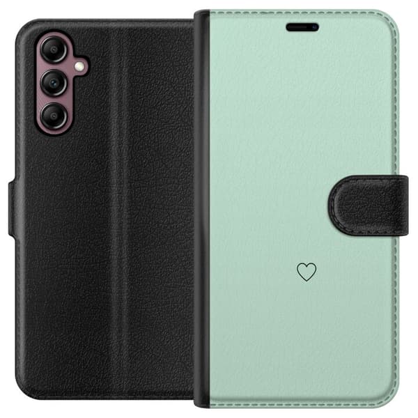 Kompatibel Tegnebogsetui til Samsung Galaxy A14 5G Enkel sort hjertekontur centreret mod mintgrøn baggrund