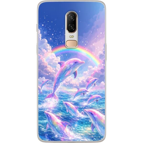 Kompatibelt Mobilskal till OnePlus 6 Glittrande regnbågsdelfiner