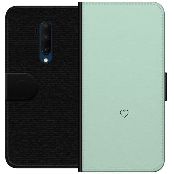Kompatibel Tegnebogsetui til OnePlus 7T Pro Enkel sort hjertekontur centreret mod mintgrøn baggrund