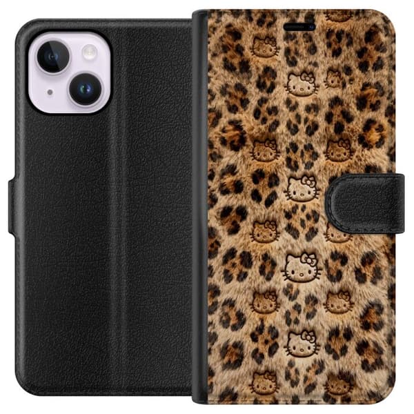 Kompatibel Tegnebogsetui til Apple iPhone 15 Plus Leopardmønster med søde kattemotiver og blød pelsstruktur